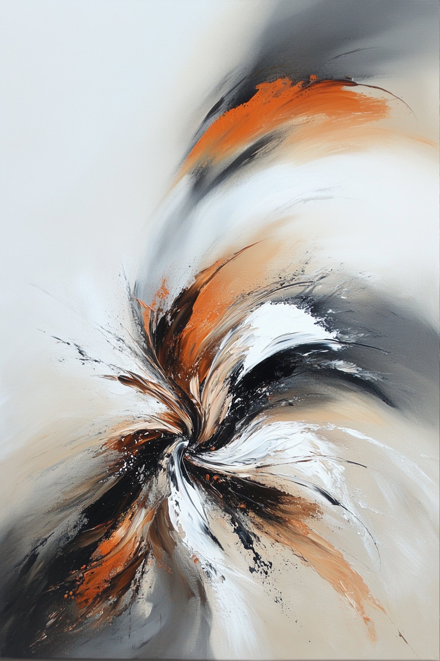 Combustion Drift – abstract painting of dynamic swirling strokes in black, orange, and white tones, available on ArtixHub