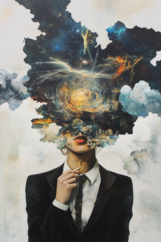 Constellations of Thought – surrealist painting of a woman in a suit with a cosmic explosion emerging from her head, featuring stars and cityscapes, available on ArtixHub
