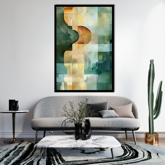 Soft green and beige abstract painting with organic geometric curves – Continuum by ArtixHub