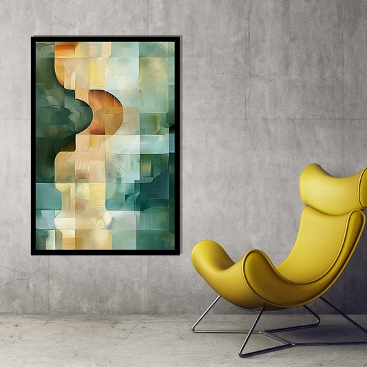 Soft green and beige abstract painting with organic geometric curves – Continuum by ArtixHub
