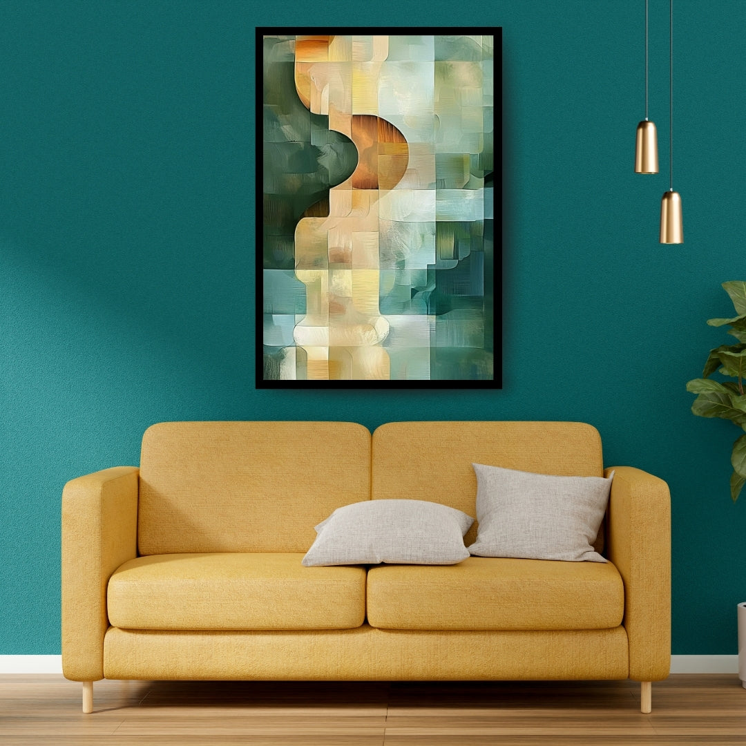 Soft green and beige abstract painting with organic geometric curves – Continuum by ArtixHub