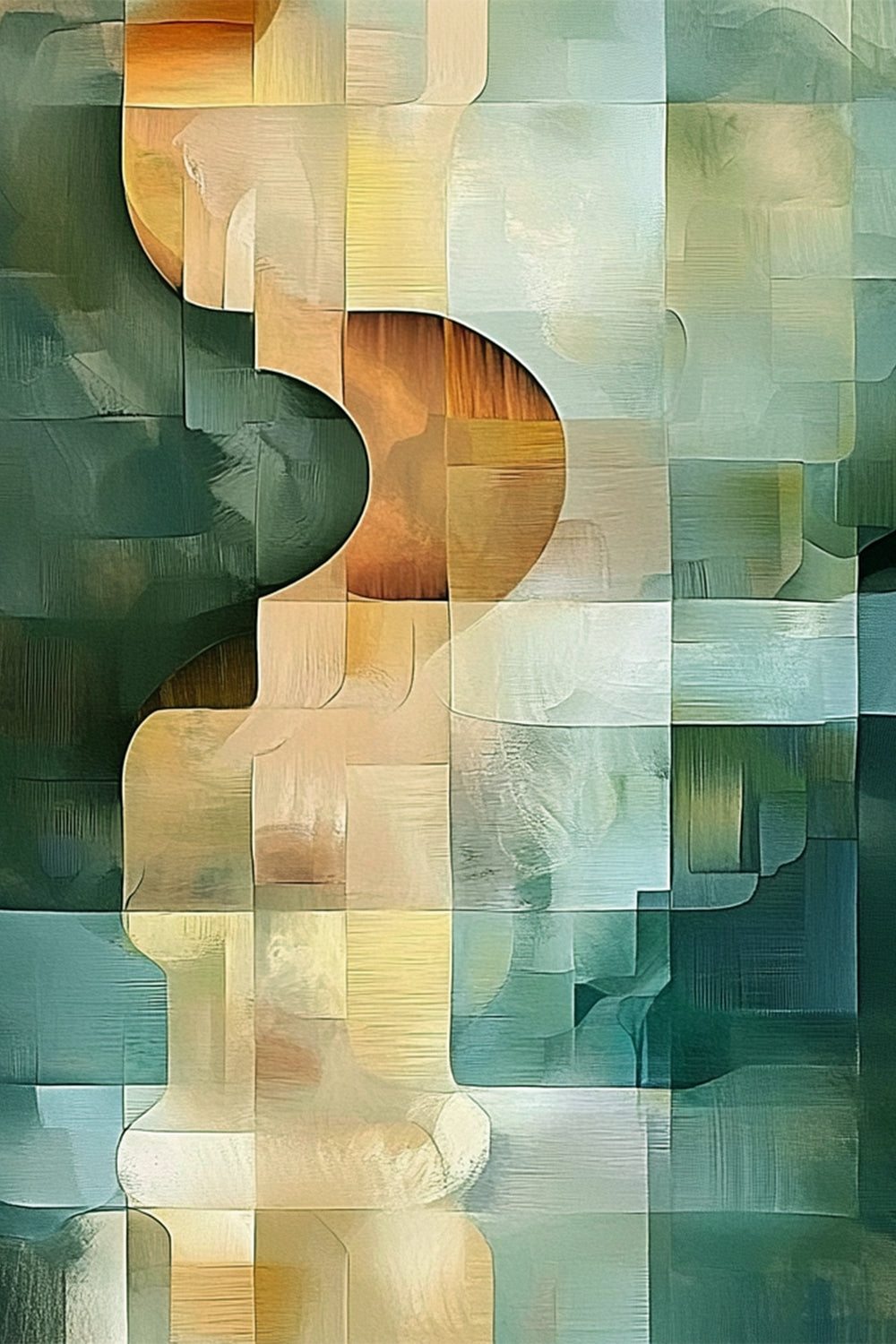 Soft green and beige abstract painting with organic geometric curves – Continuum by ArtixHub