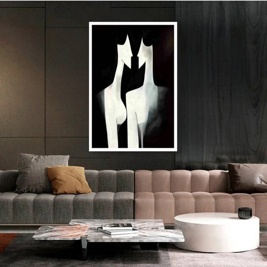 Contours in Contrast – abstract minimalist artwork of two mirrored figurative silhouettes in black and white, available on ArtixHub