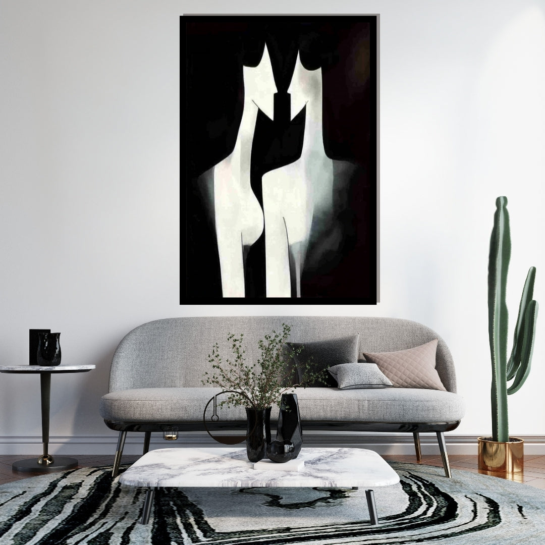 Contours in Contrast – abstract minimalist artwork of two mirrored figurative silhouettes in black and white, available on ArtixHub