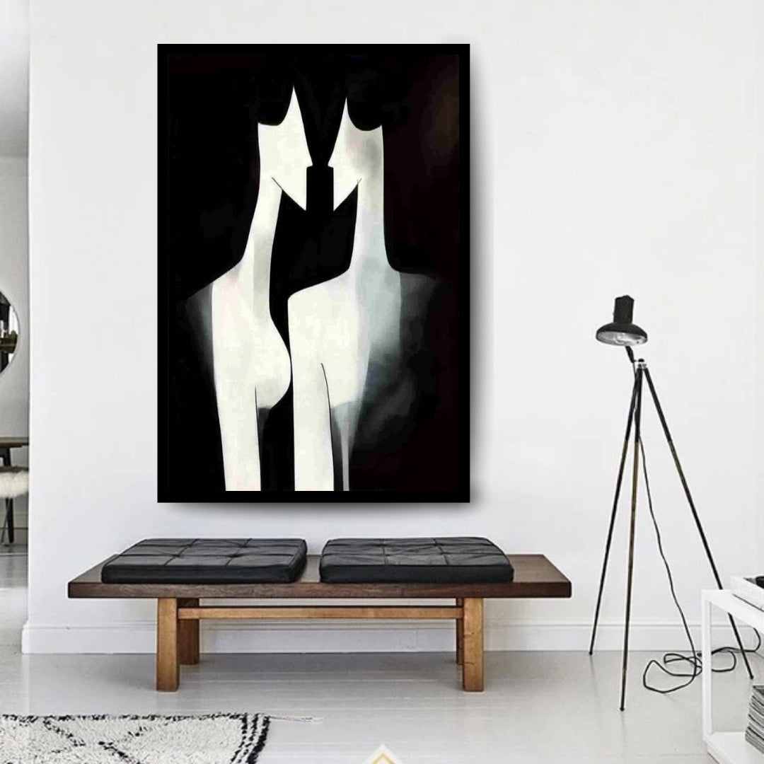 Contours in Contrast – abstract minimalist artwork of two mirrored figurative silhouettes in black and white, available on ArtixHub