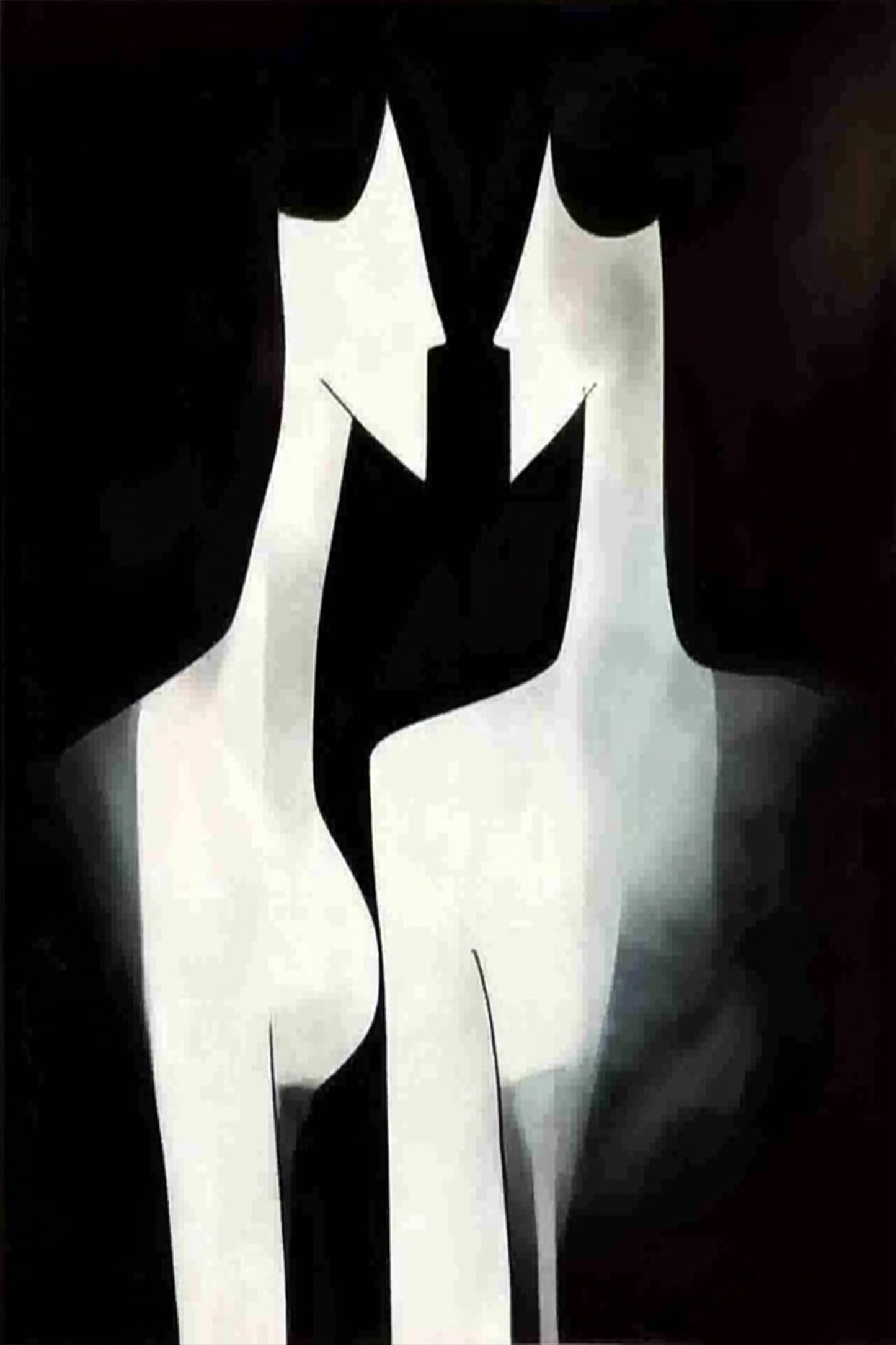 Contours in Contrast – abstract minimalist artwork of two mirrored figurative silhouettes in black and white, available on ArtixHub