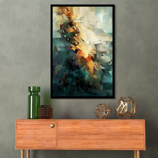 Contours of Collapse by Lior Ezan – Abstract geometric painting in teal and gold, available at ArtixHub