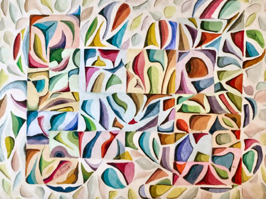 Colorful abstract pattern on a textured surface. Cosmic Pattern (نسق الكون) – abstract geometric painting by Professor Ibrahim Al Awam, ArtixHub