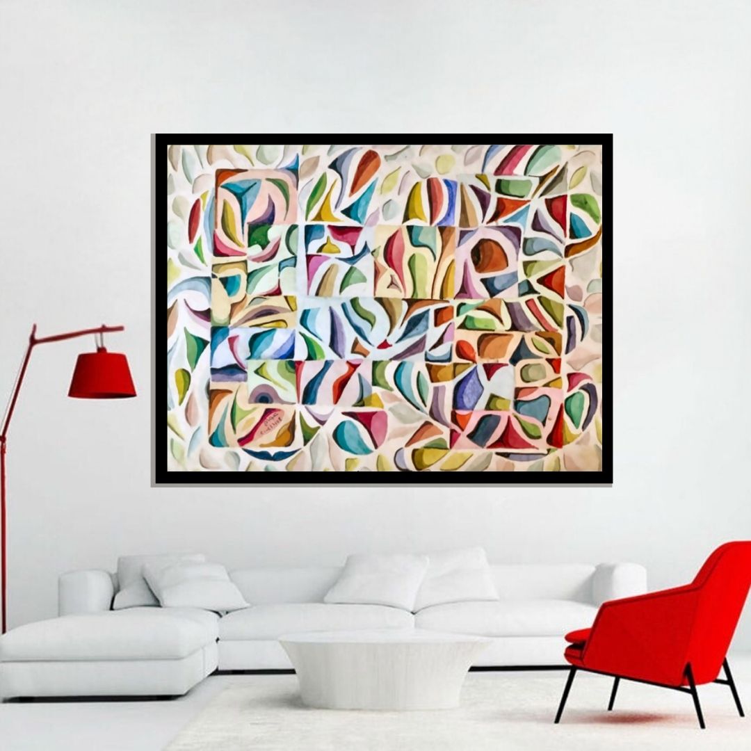 Colorful abstract pattern on a textured surface. Cosmic Pattern (نسق الكون) – abstract geometric painting by Professor Ibrahim Al Awam, ArtixHub