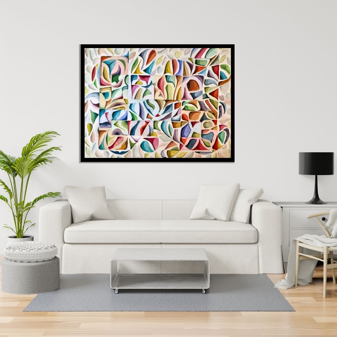 Colorful abstract pattern on a textured surface. Cosmic Pattern (نسق الكون) – abstract geometric painting by Professor Ibrahim Al Awam, ArtixHub