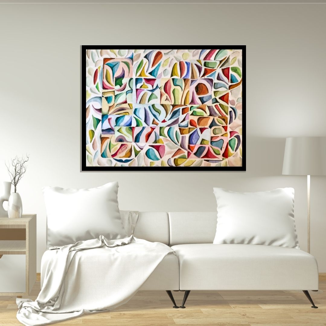 Colorful abstract pattern on a textured surface. Cosmic Pattern (نسق الكون) – abstract geometric painting by Professor Ibrahim Al Awam, ArtixHub