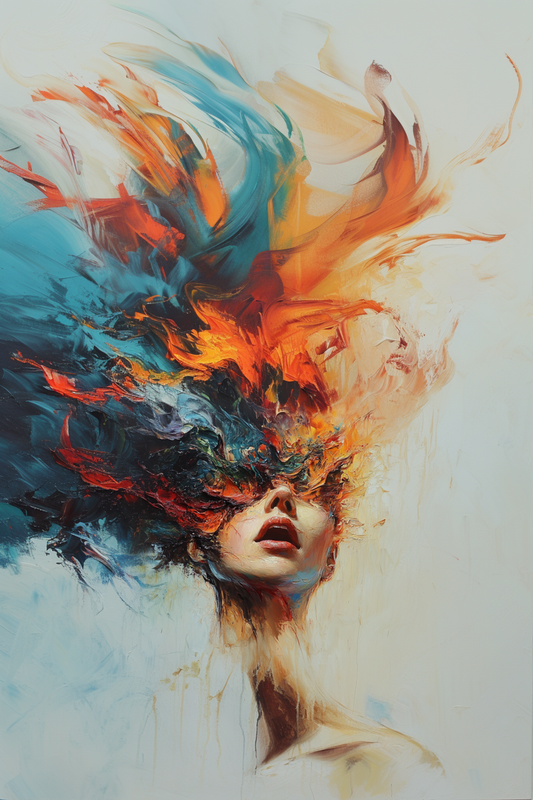 Crescendo – abstract expressionist artwork of a woman's face dissolving into vivid brushstrokes, available on ArtixHub