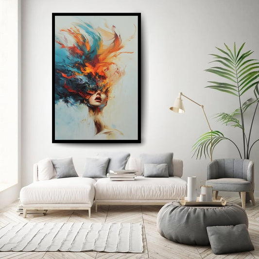 Crescendo, abstract expressionist artwork of a woman's face dissolving into vivid brushstrokes