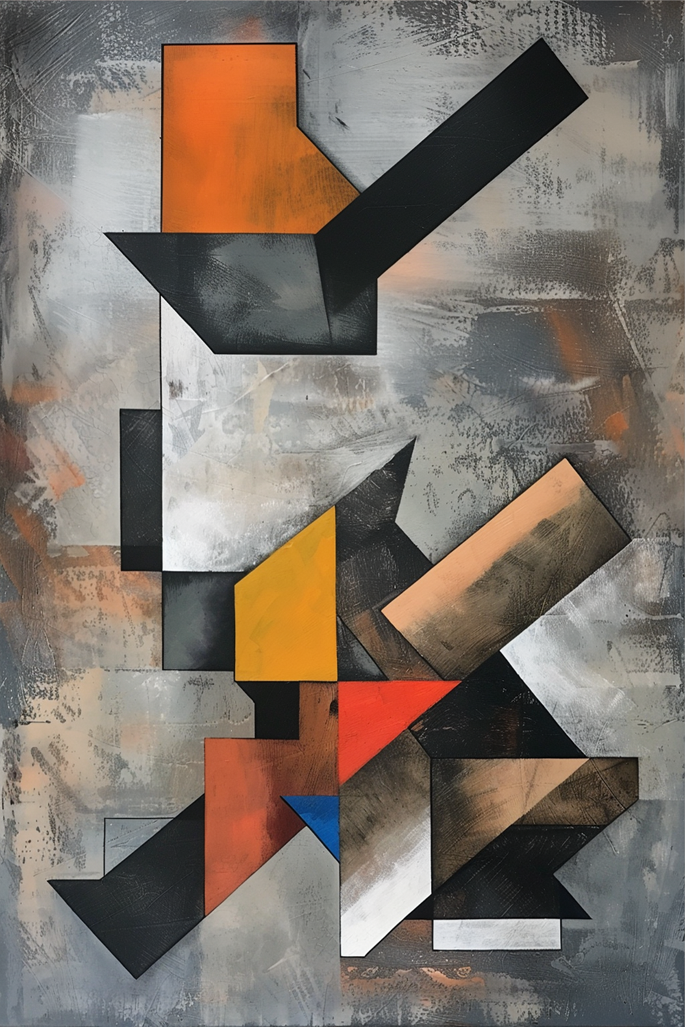 Cubist Shift by Lior Ezan – bold geometric abstract painting in black, orange, and gray, exclusive on ArtixHub