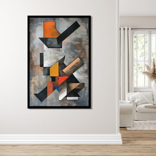 Cubist Shift by Lior Ezan – bold geometric abstract painting in black, orange, and gray, exclusive on ArtixHub