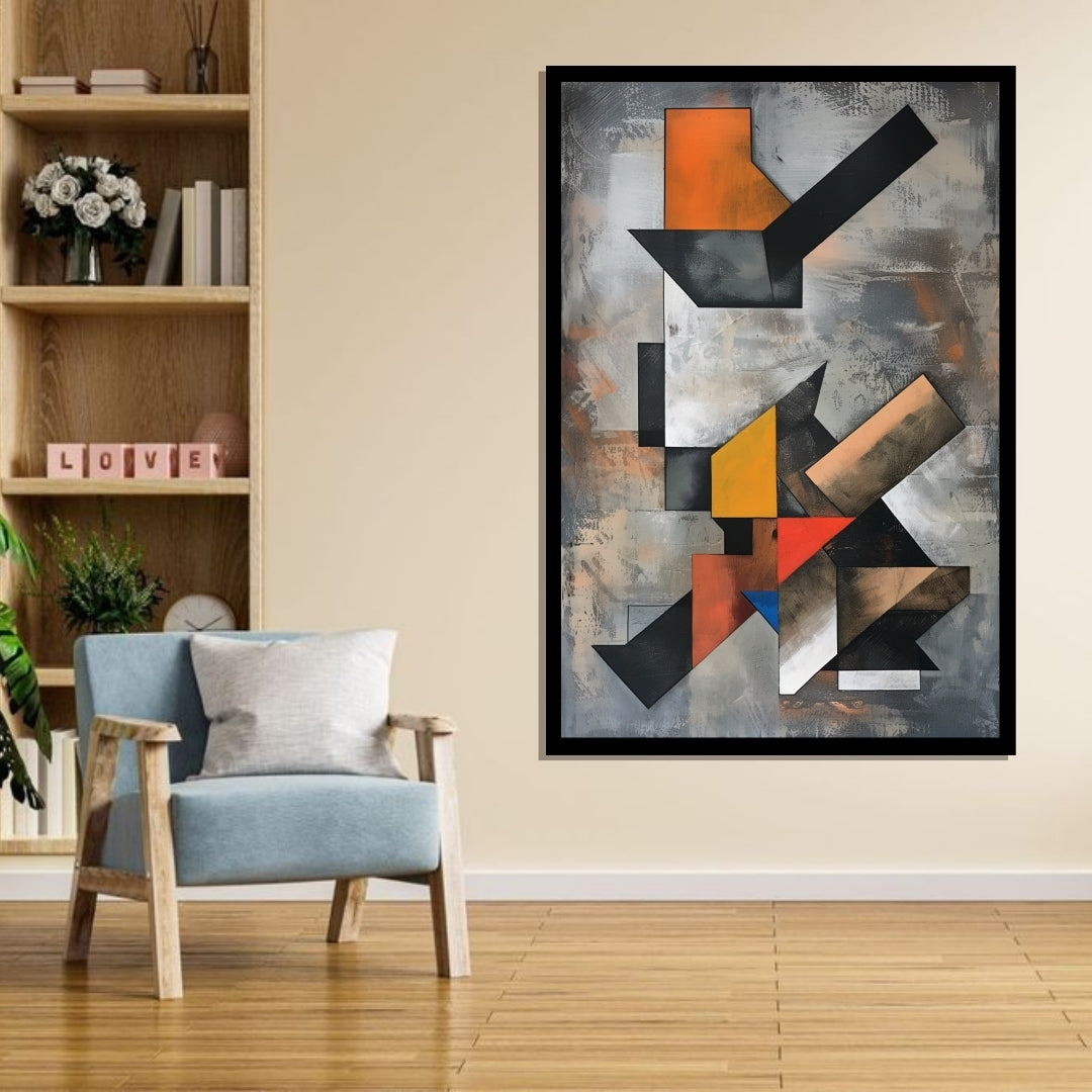 Cubist Shift by Lior Ezan – bold geometric abstract painting in black, orange, and gray, exclusive on ArtixHub