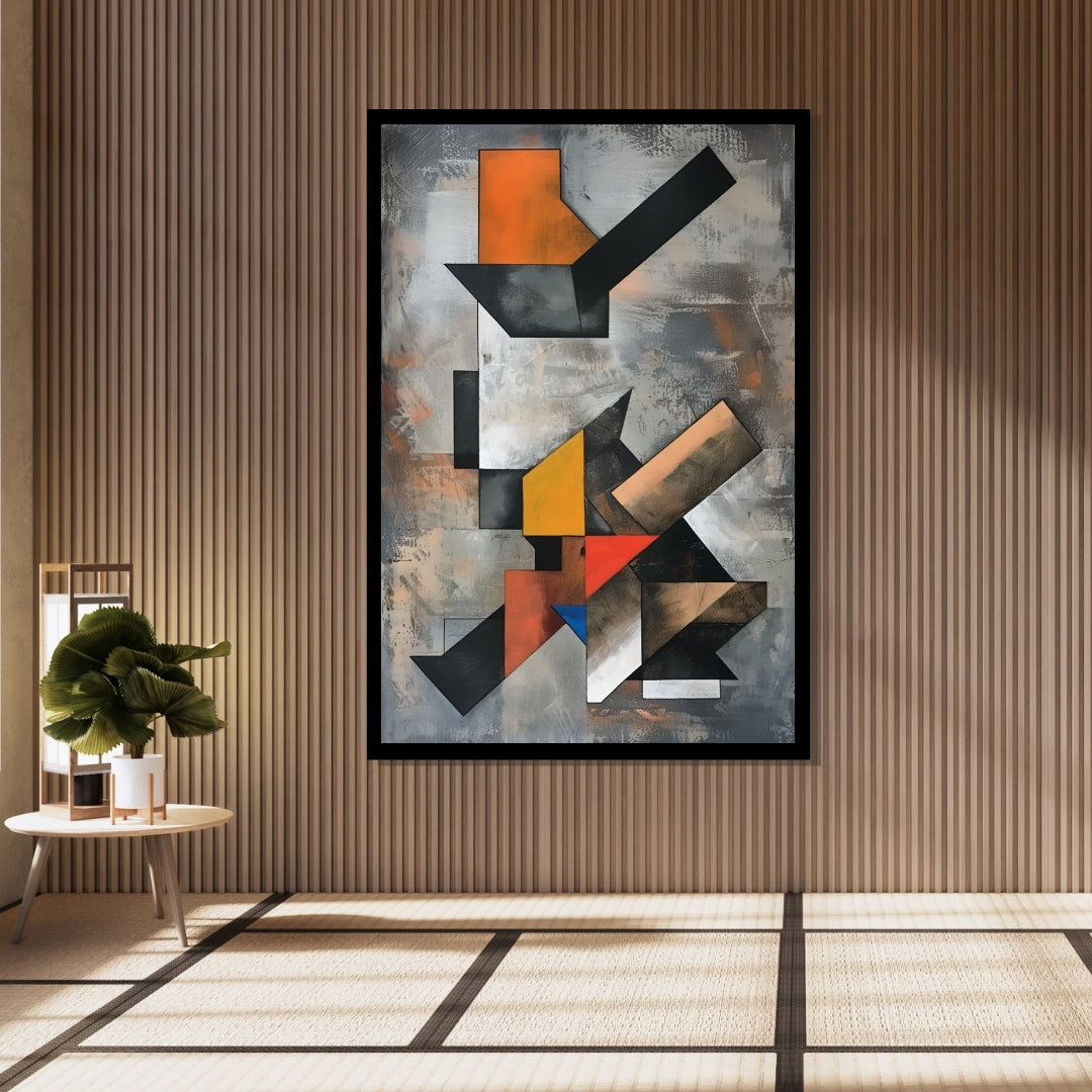 Cubist Shift by Lior Ezan – bold geometric abstract painting in black, orange, and gray, exclusive on ArtixHub