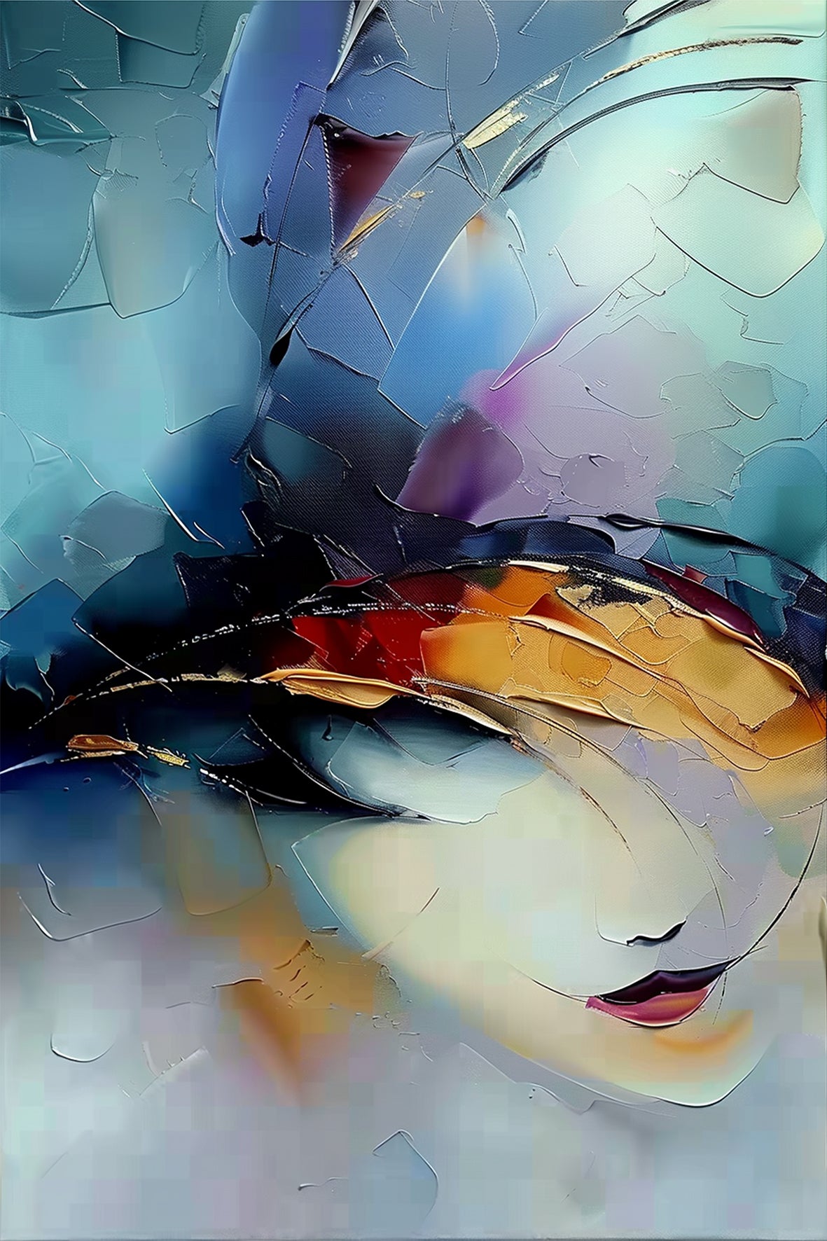 Draconic Gaze – abstract surrealist painting of a woman’s face emerging from layered textures and iridescent tones, available on ArtixHub