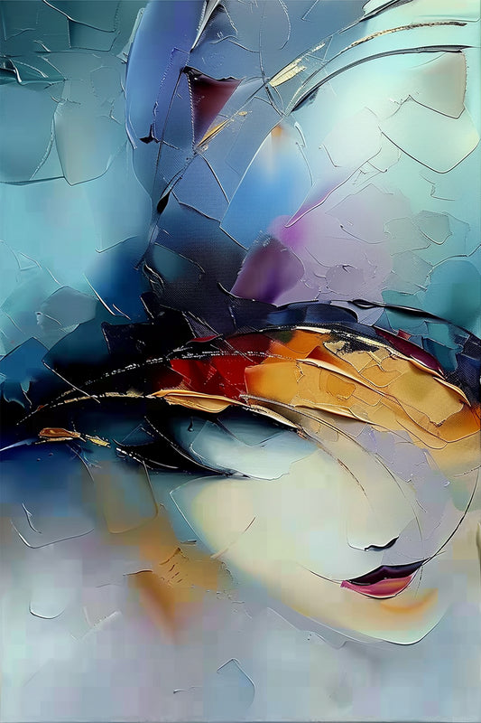 Draconic Gaze – abstract surrealist painting of a woman’s face emerging from layered textures and iridescent tones, available on ArtixHub