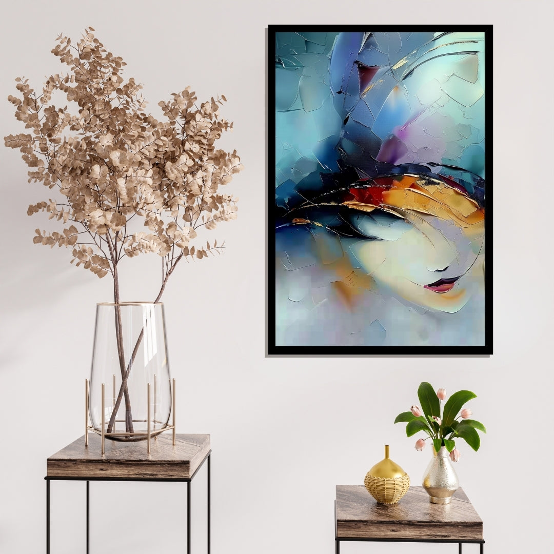 Draconic Gaze – abstract surrealist painting of a woman’s face emerging from layered textures and iridescent tones, available on ArtixHub