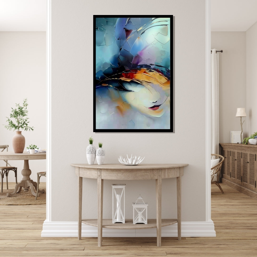 Draconic Gaze – abstract surrealist painting of a woman’s face emerging from layered textures and iridescent tones, available on ArtixHub