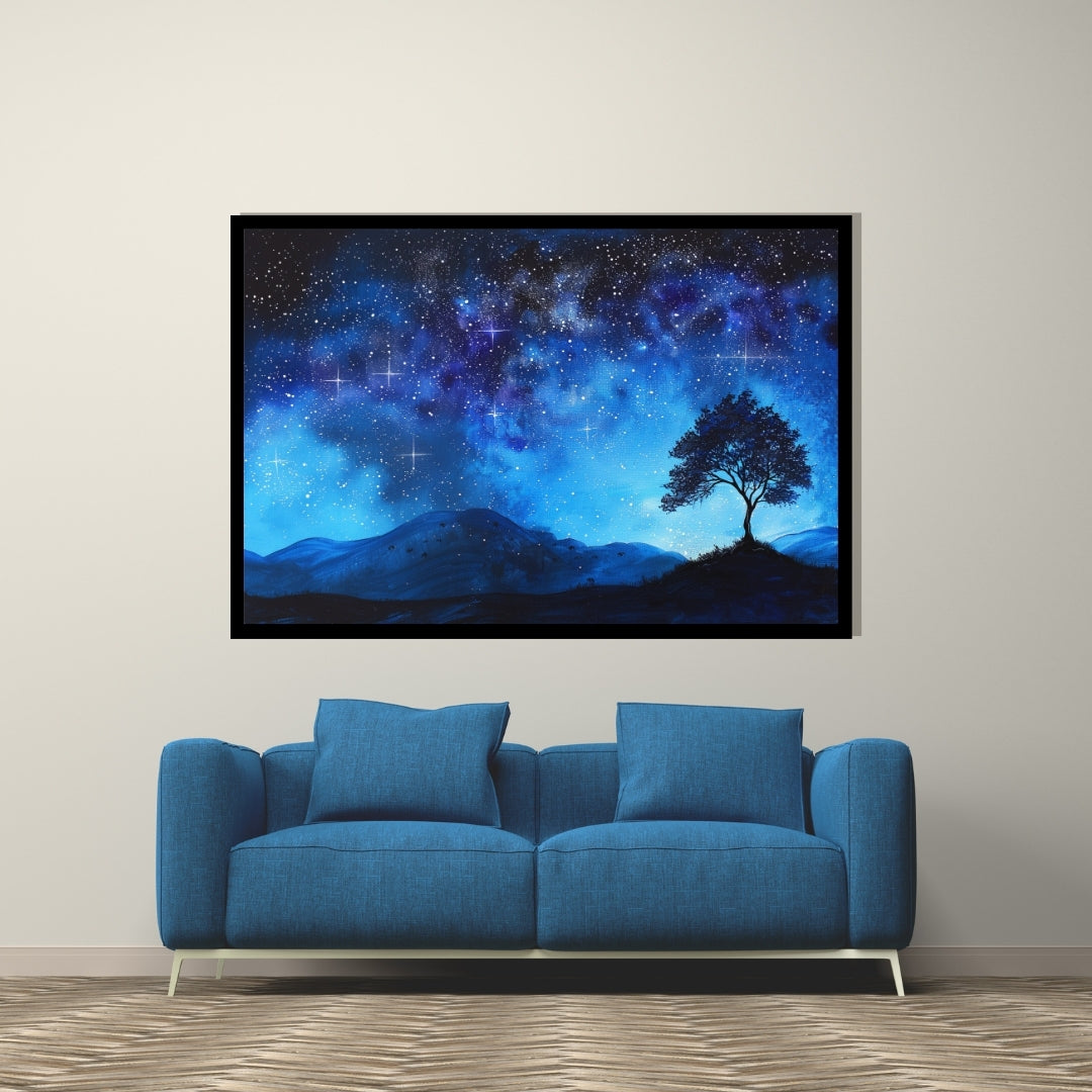 Dreamy Glow – abstract painting of a night sky with glowing stars and a lone tree on a hill, available on ArtixHub