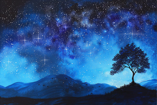 Dreamy Glow – abstract painting of a night sky with glowing stars and a lone tree on a hill, available on ArtixHub