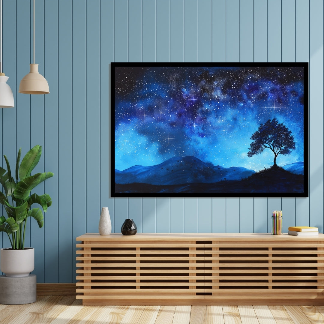 Dreamy Glow – abstract painting of a night sky with glowing stars and a lone tree on a hill, available on ArtixHub