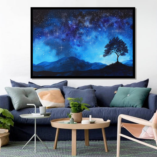 Dreamy Glow, abstract painting of a night sky with glowing stars and a lone tree on a hill