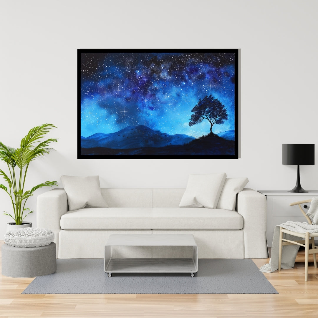 Dreamy Glow – abstract painting of a night sky with glowing stars and a lone tree on a hill, available on ArtixHub