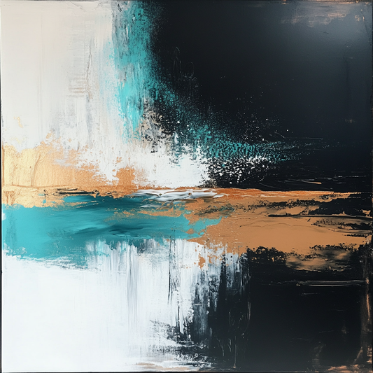 Drift and Gleam by Lior Ezan – textured abstract painting in teal, gold, and black with bold brushstrokes on ArtixHub