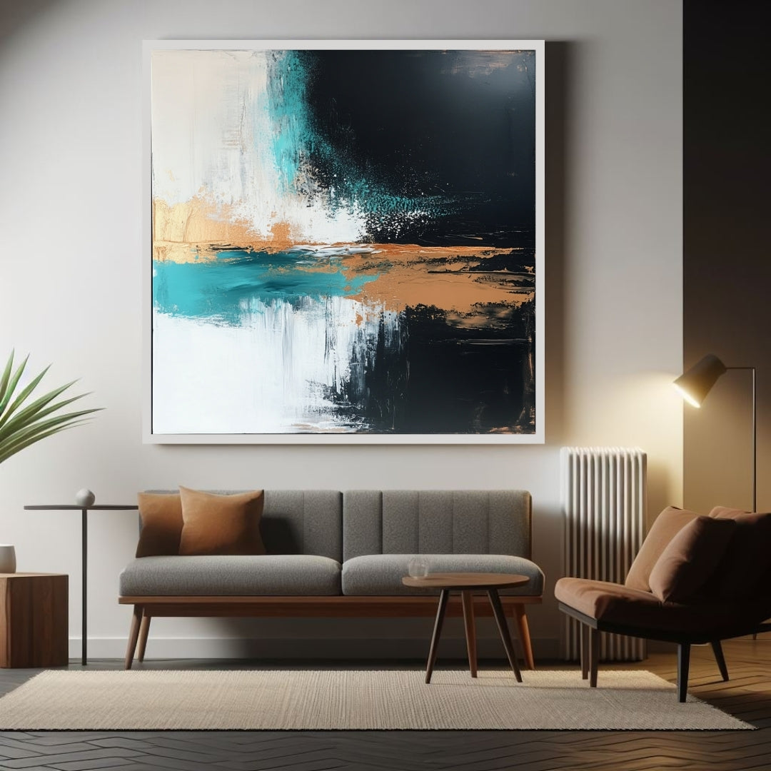Drift and Gleam by Lior Ezan – textured abstract painting in teal, gold, and black with bold brushstrokes on ArtixHub