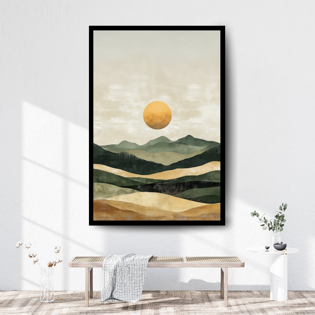 Dune Echo – abstract minimalist painting of desert dunes and layered green hills at sunset by ArtixHub