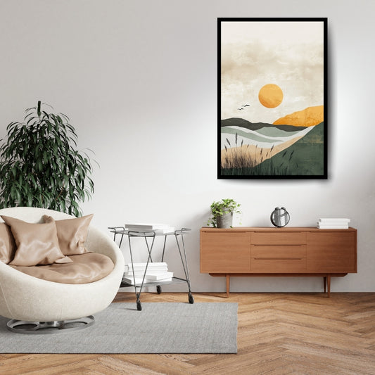 Dune Echo – abstract minimalist painting of desert dunes and layered green hills at sunset by ArtixHub