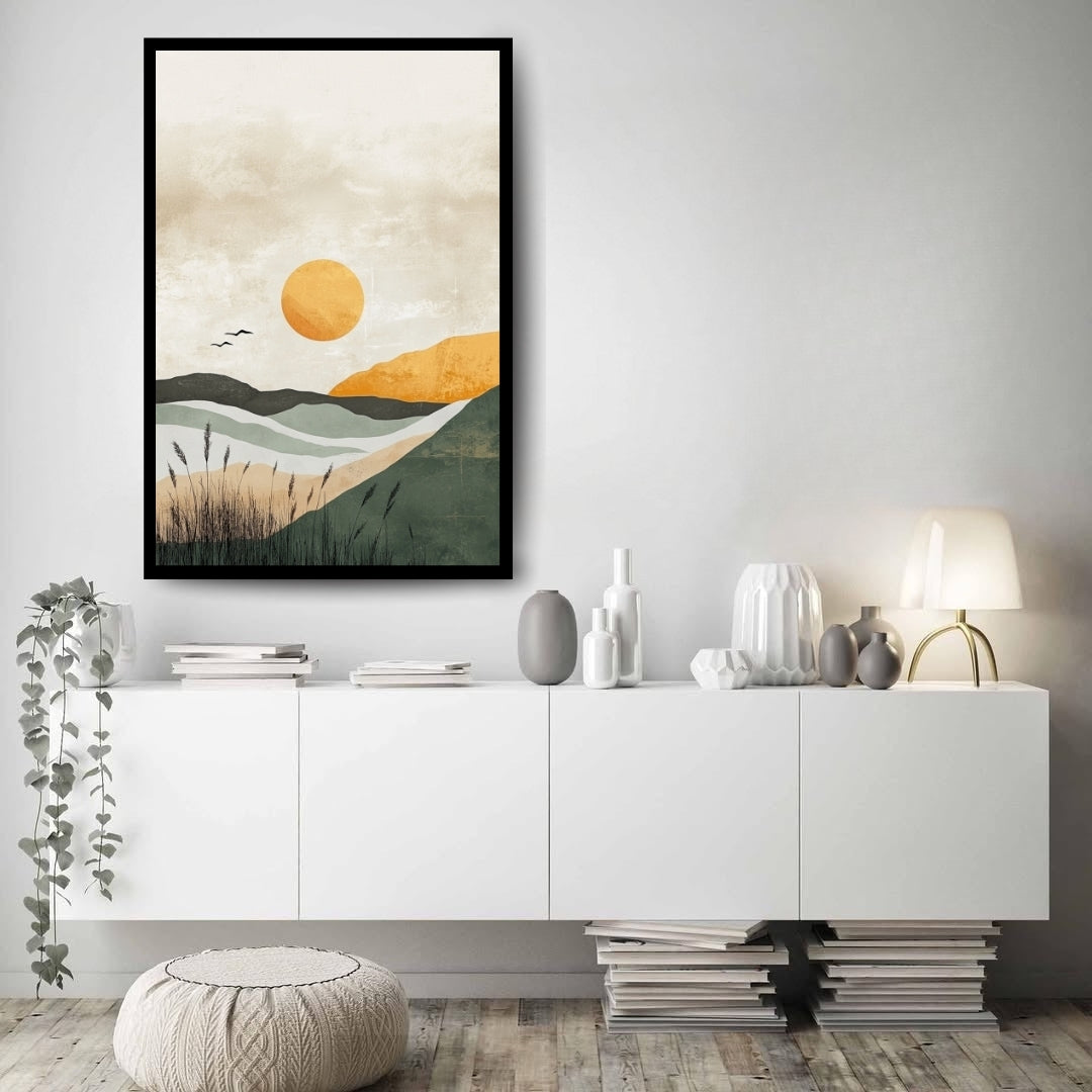 Dune Echo – abstract minimalist painting of desert dunes and layered green hills at sunset by ArtixHub