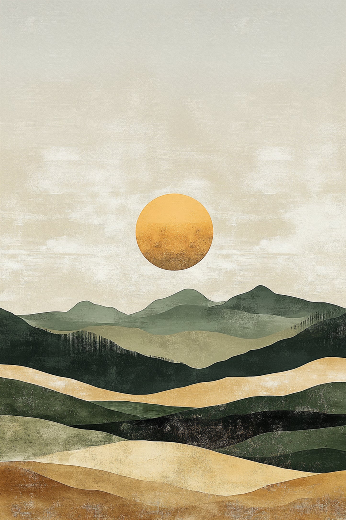 Abstract landscape with a large sun and wavy terrain. Dune Echo – abstract minimalist painting of desert dunes and layered green hills at sunset by ArtixHub
