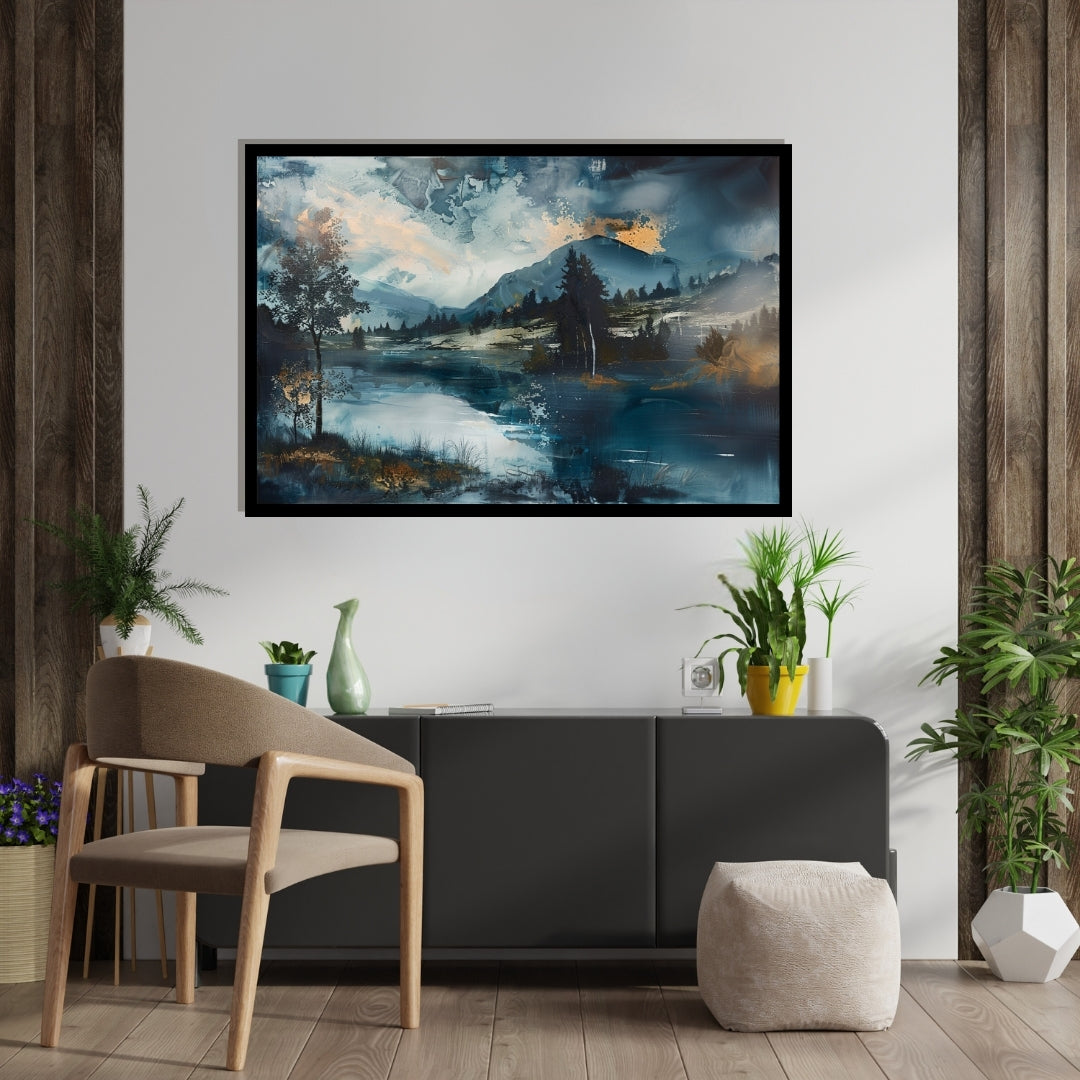 Dusk Delight – abstract moody landscape of a lake, forest, and distant mountains at sunset by ArtixHub