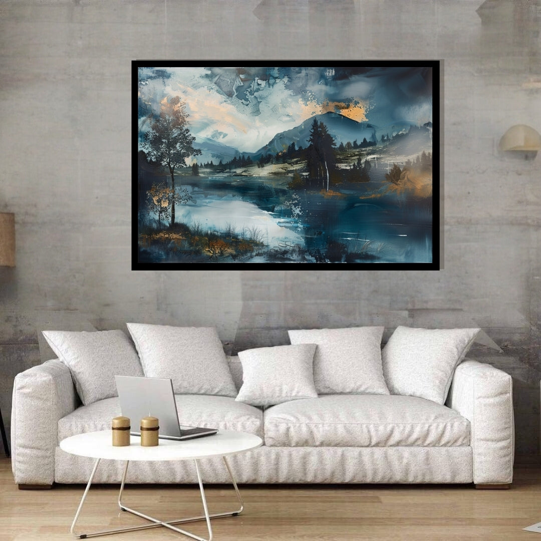 Dusk Delight – abstract moody landscape of a lake, forest, and distant mountains at sunset by ArtixHub