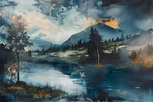 Abstract painting with blue, gold, and white colors. Dusk Delight – abstract moody landscape of a lake, forest, and distant mountains at sunset by ArtixHub