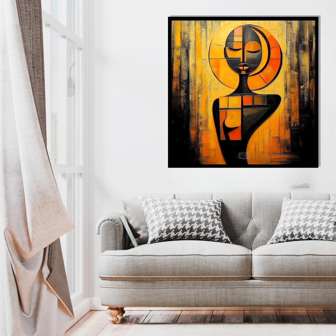 Abstract art painting with geometric design on a textured background. Echoes of Becoming – African abstract female silhouette with geometric golden halo by Amina Diallo
