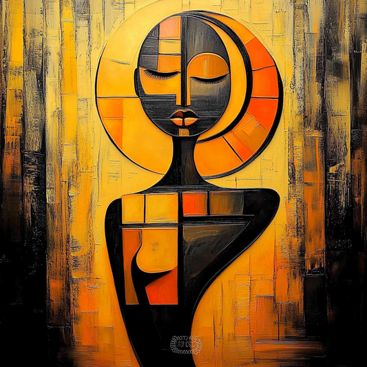 Abstract art painting with geometric design on a textured background. Echoes of Becoming – African abstract female silhouette with geometric golden halo by Amina Diallo