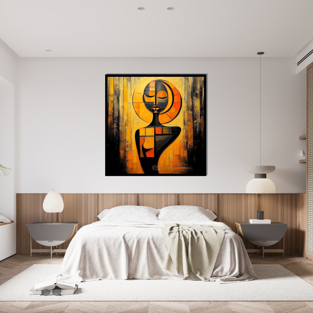 Abstract art painting with geometric design on a textured background. Echoes of Becoming – African abstract female silhouette with geometric golden halo by Amina Diallo
