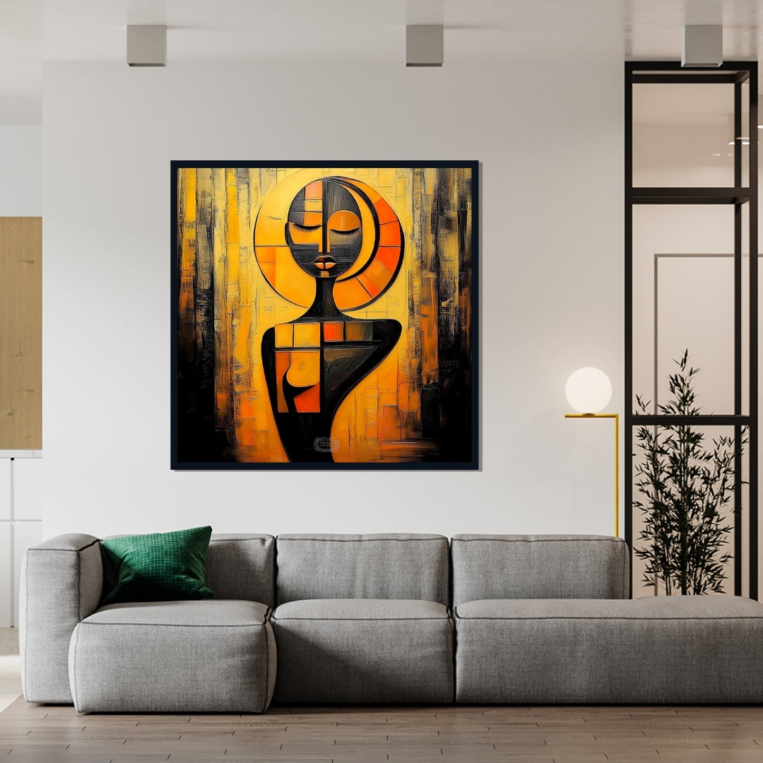 Abstract art painting with geometric design on a textured background. Echoes of Becoming – African abstract female silhouette with geometric golden halo by Amina Diallo