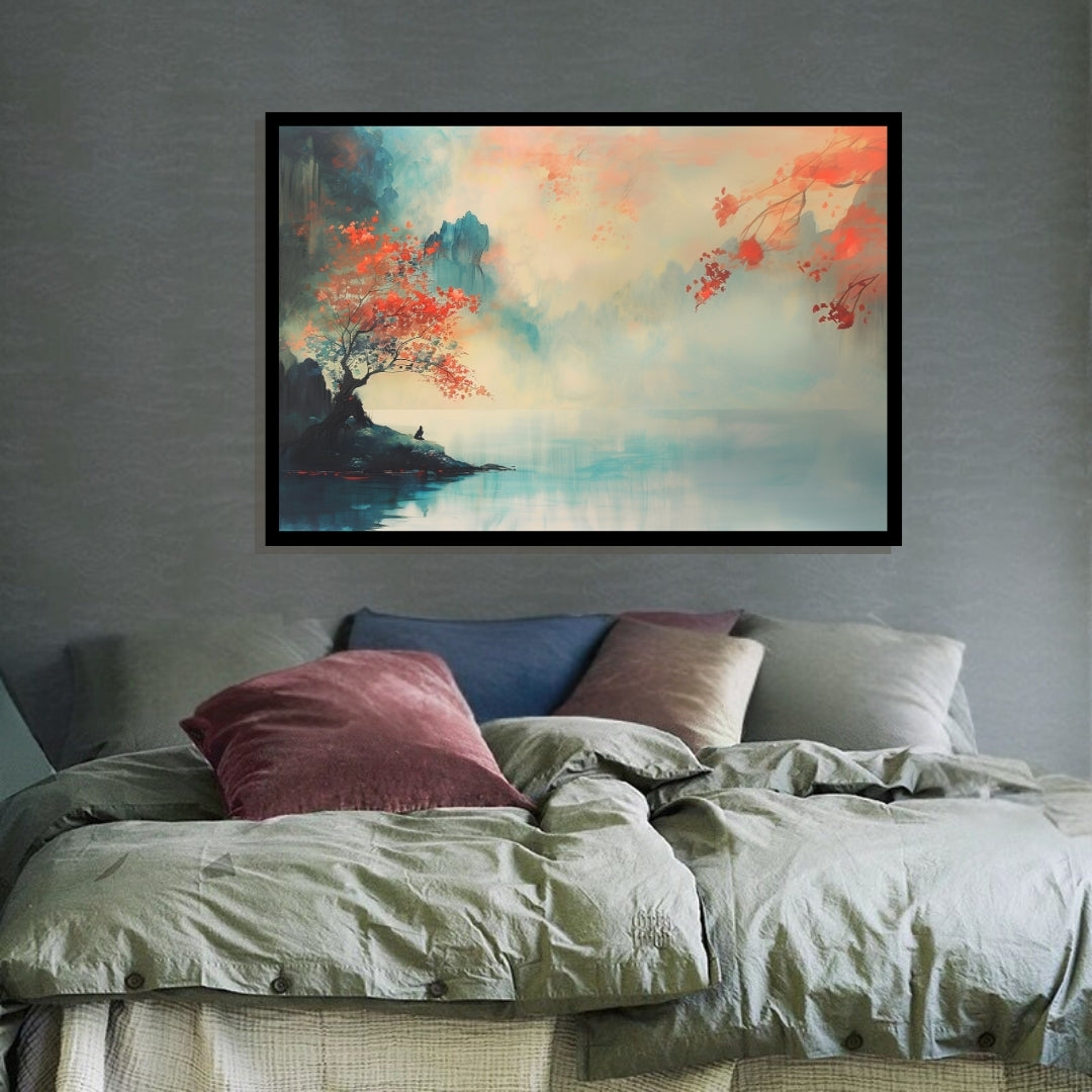 Echoes of Stillness – peaceful landscape with red-leaved tree by a misty lake and soft pastel sky by ArtixHub