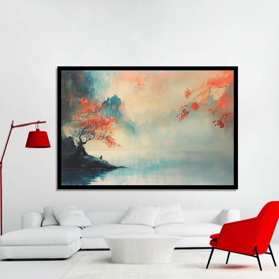 Echoes of Stillness – peaceful landscape with red-leaved tree by a misty lake and soft pastel sky by ArtixHub