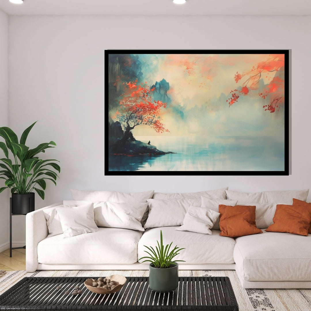 Echoes of Stillness – peaceful landscape with red-leaved tree by a misty lake and soft pastel sky by ArtixHub