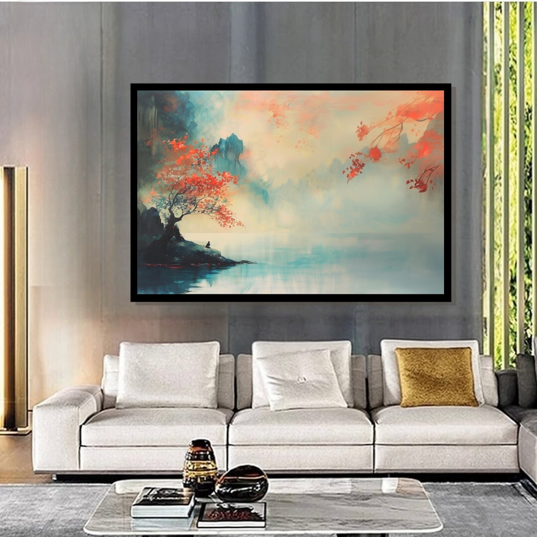 Echoes of Stillness – peaceful landscape with red-leaved tree by a misty lake and soft pastel sky by ArtixHub