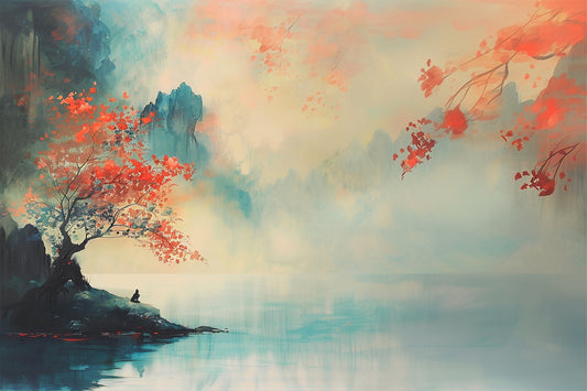 Abstract painting with red leaves and a silhouette of mountains against a pastel sky. Echoes of Stillness – peaceful landscape with red-leaved tree by a misty lake and soft pastel sky by ArtixHub