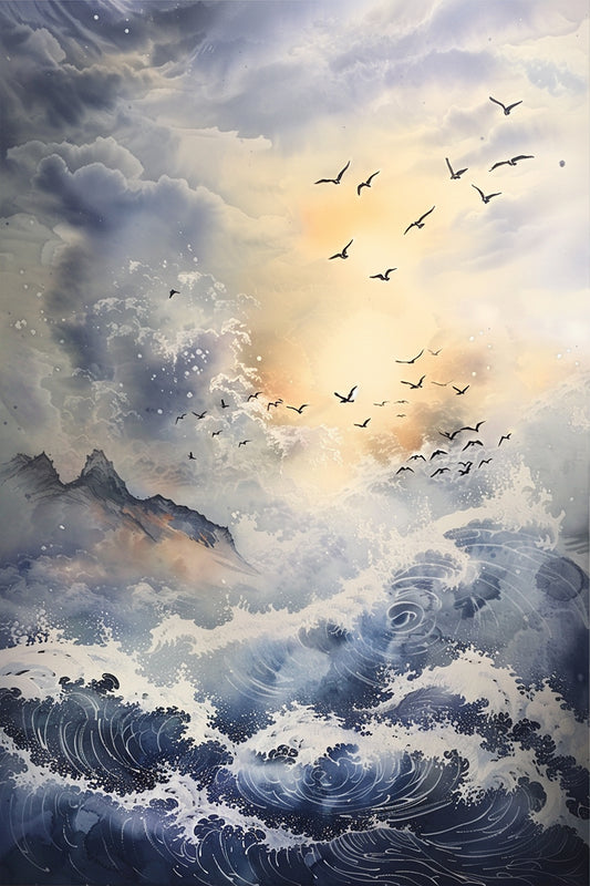 Artistic depiction of birds flying over a dynamic ocean with mountains in the background