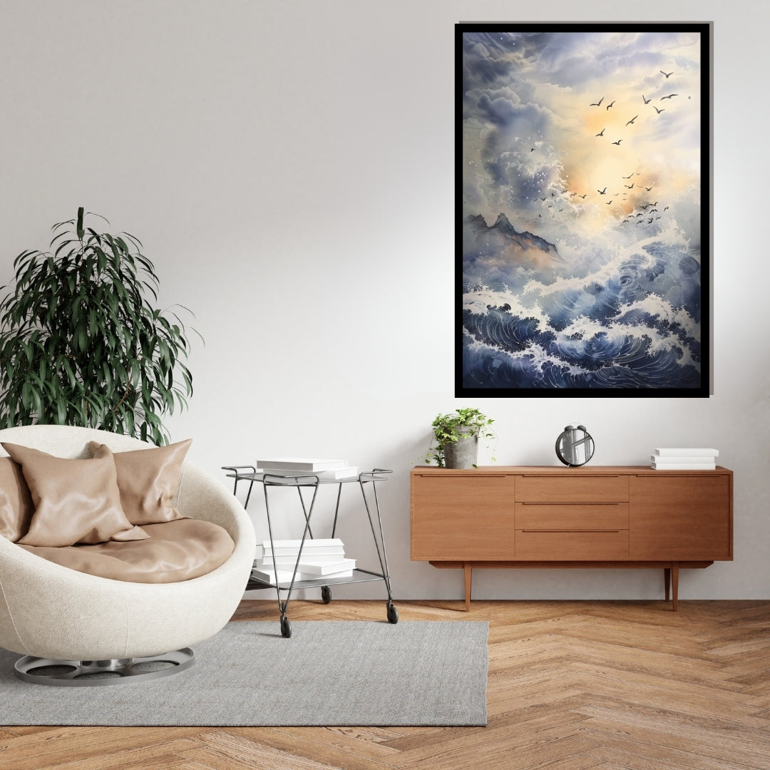 Artistic depiction of birds flying over a dynamic ocean with mountains in the background. Echoes of the Infinite – powerful ocean waves under a glowing sky with flying seabirds by ArtixHub